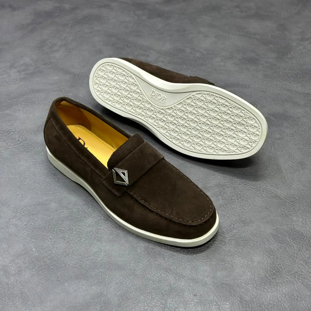 DIOR Dark Brown Suede Metal Detail Loafers