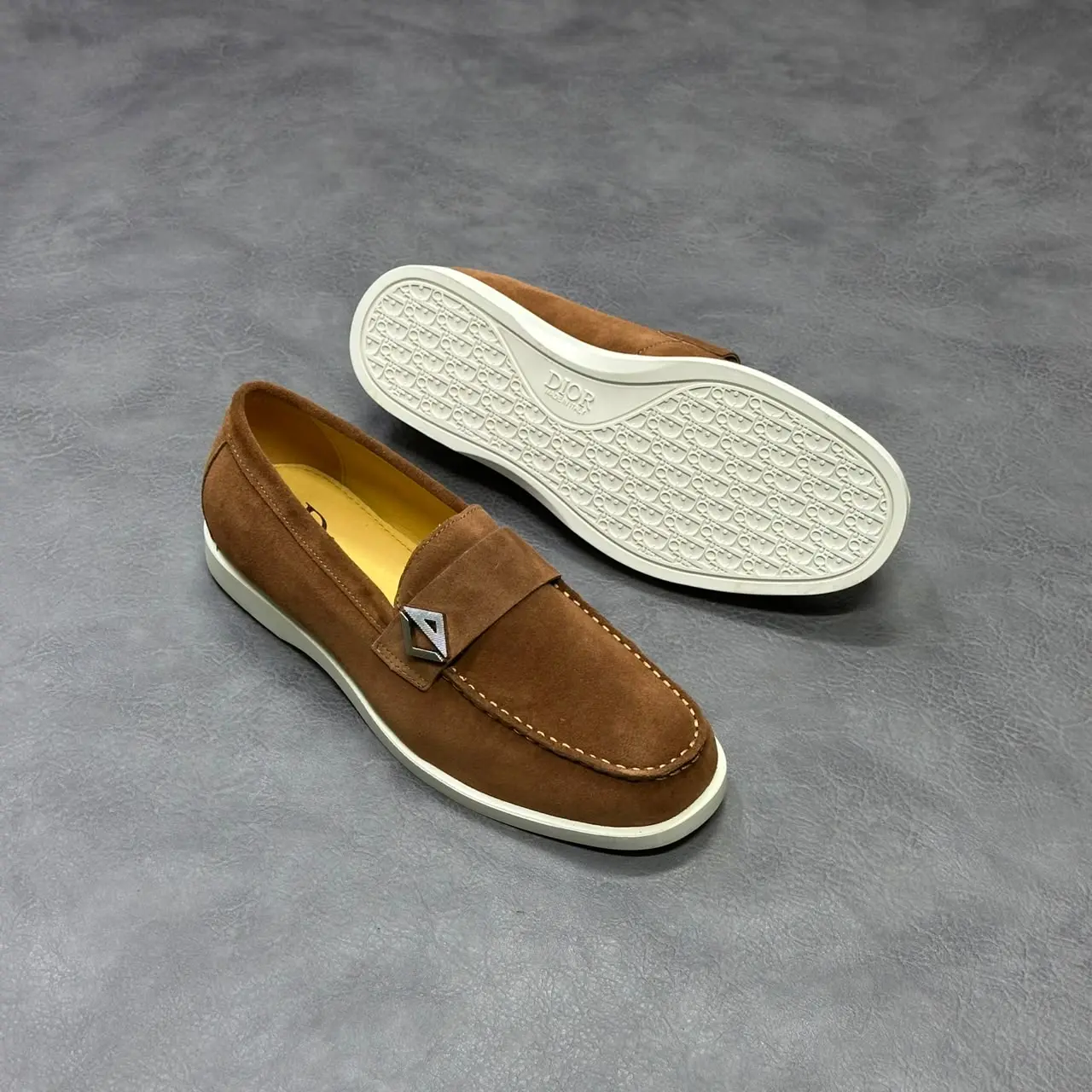 DIOR Cognac Brown Suede Metal Detail Loafers