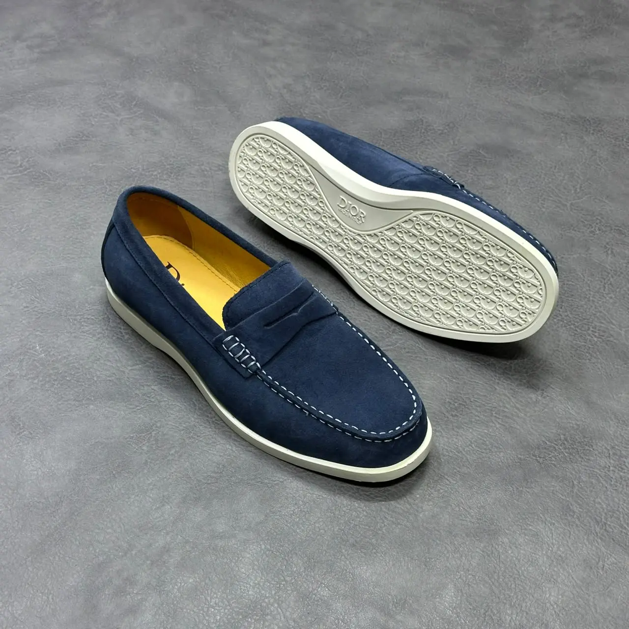 DIOR Navy Blue Suede Penny Loafers