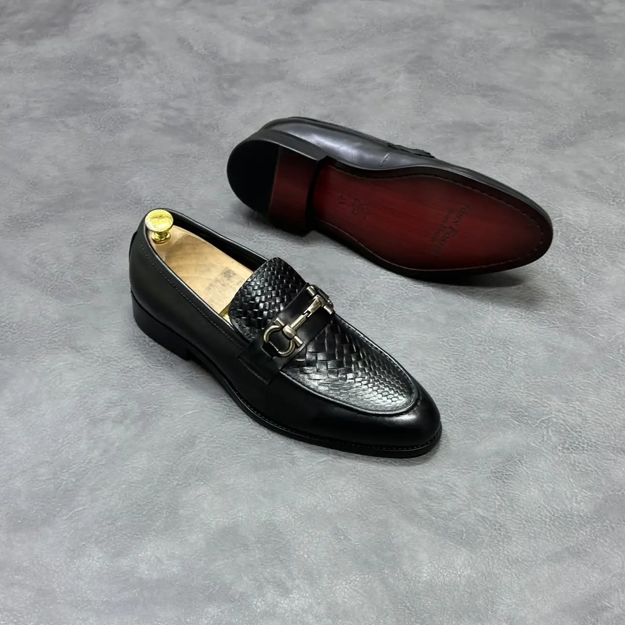 John Foster Textured Horsebit Leather Loafers Black