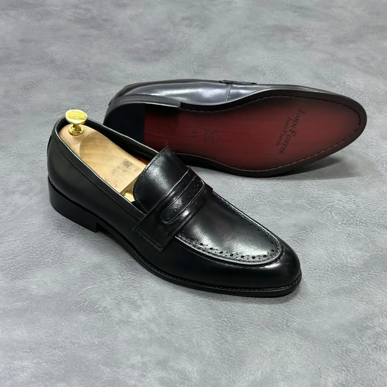 John Foster Brogue Detail Penny Leather Loafers Black
