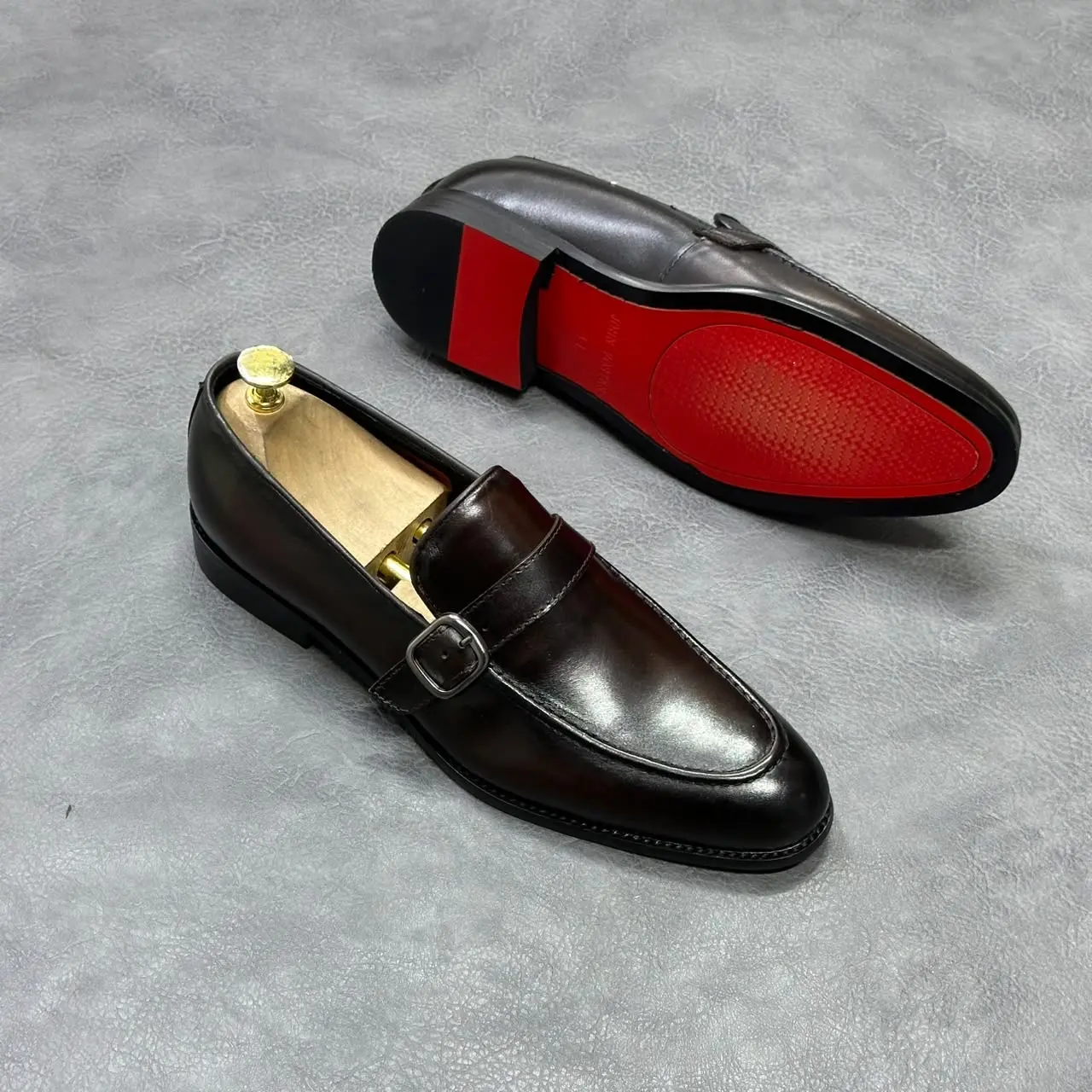 John Foster Buckle Strap Leather Loafers Brown