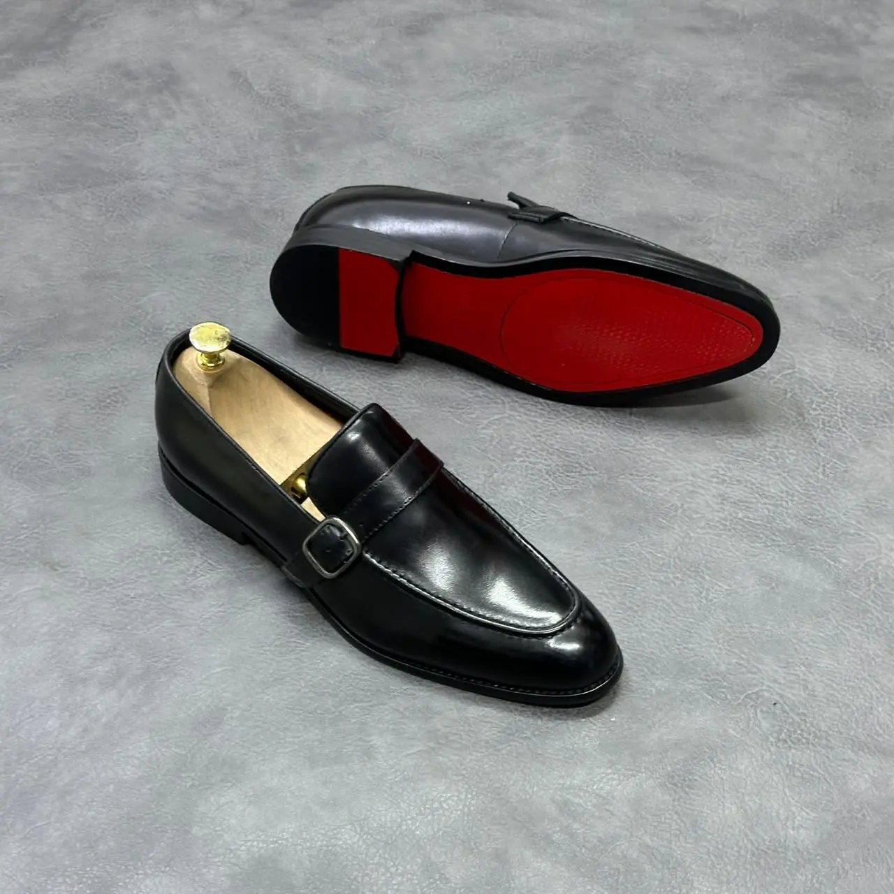 John Foster Buckle Strap Leather Loafers Black