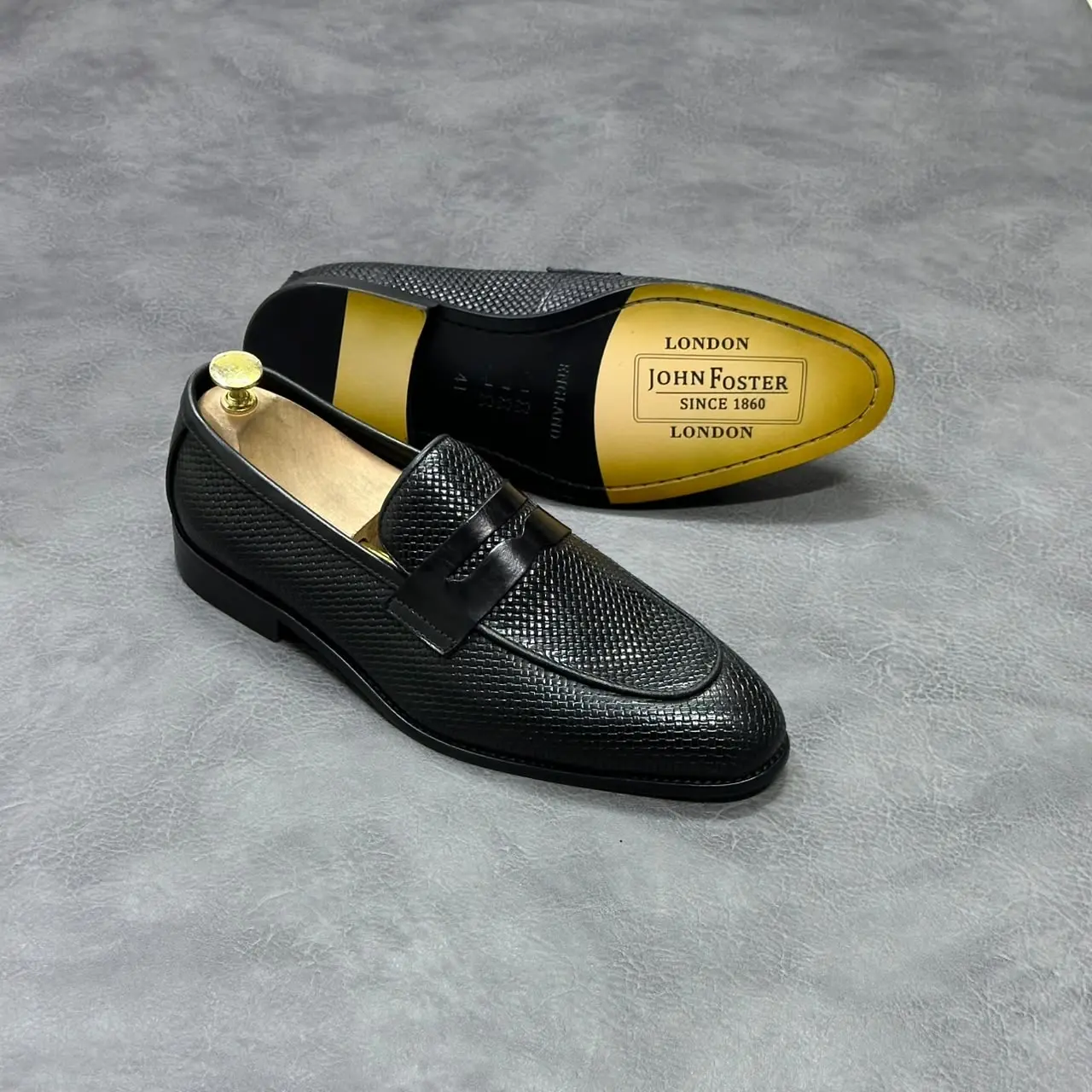 John Foster Textured Penny Leather Loafers Black