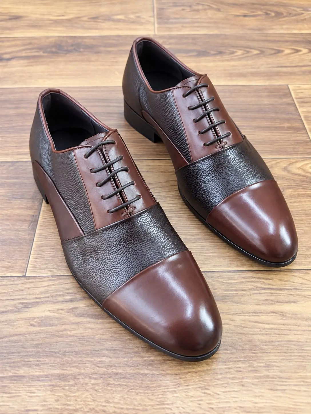 Billionare Textured Cap Toe Leather Shoes Brown