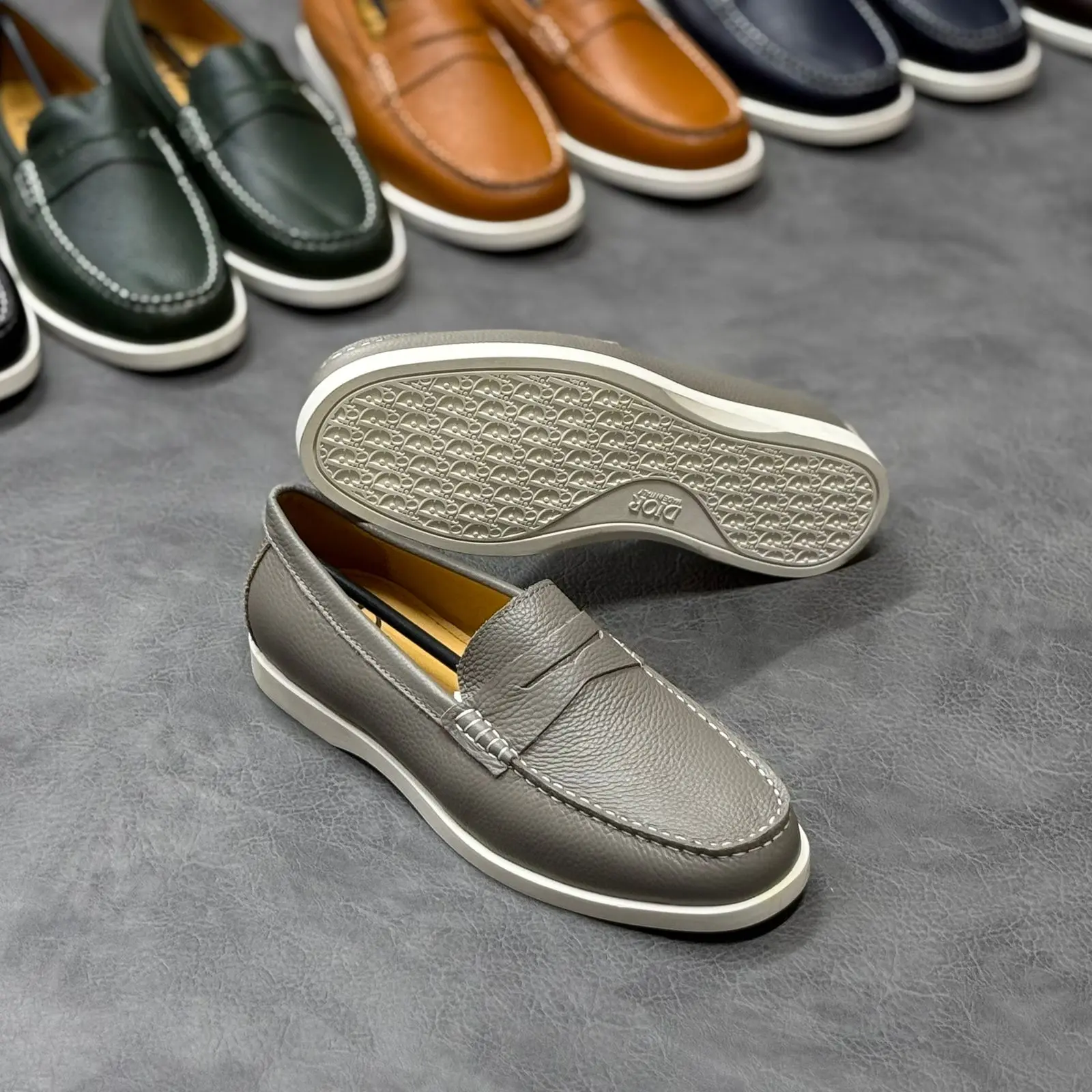 Grey pebble leather penny loafer