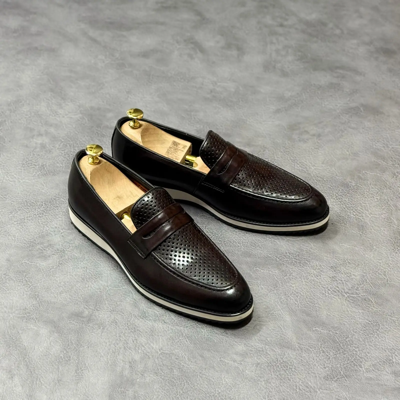 Dark Brown perforated penny loafer (white sole)