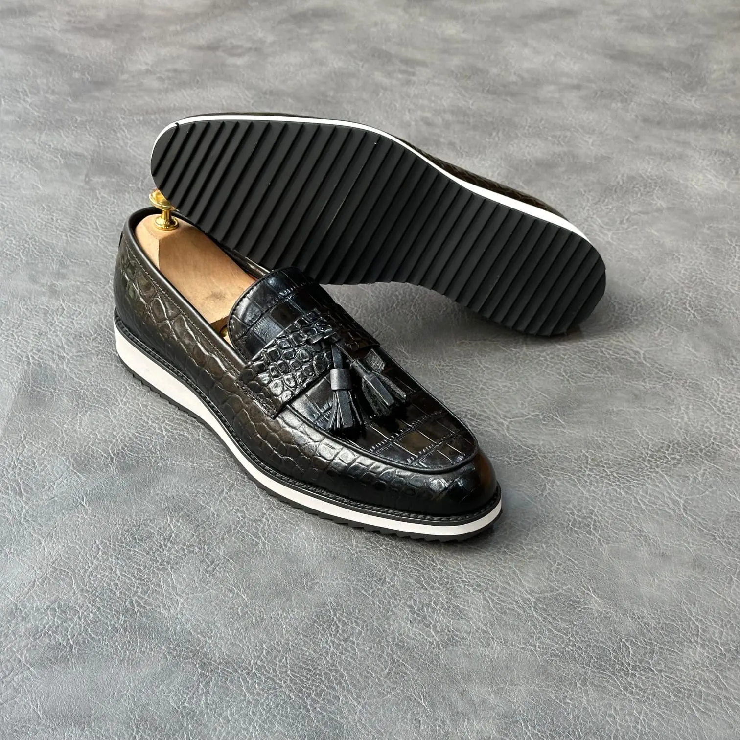 John Foster Black Croc Tassel Loafers