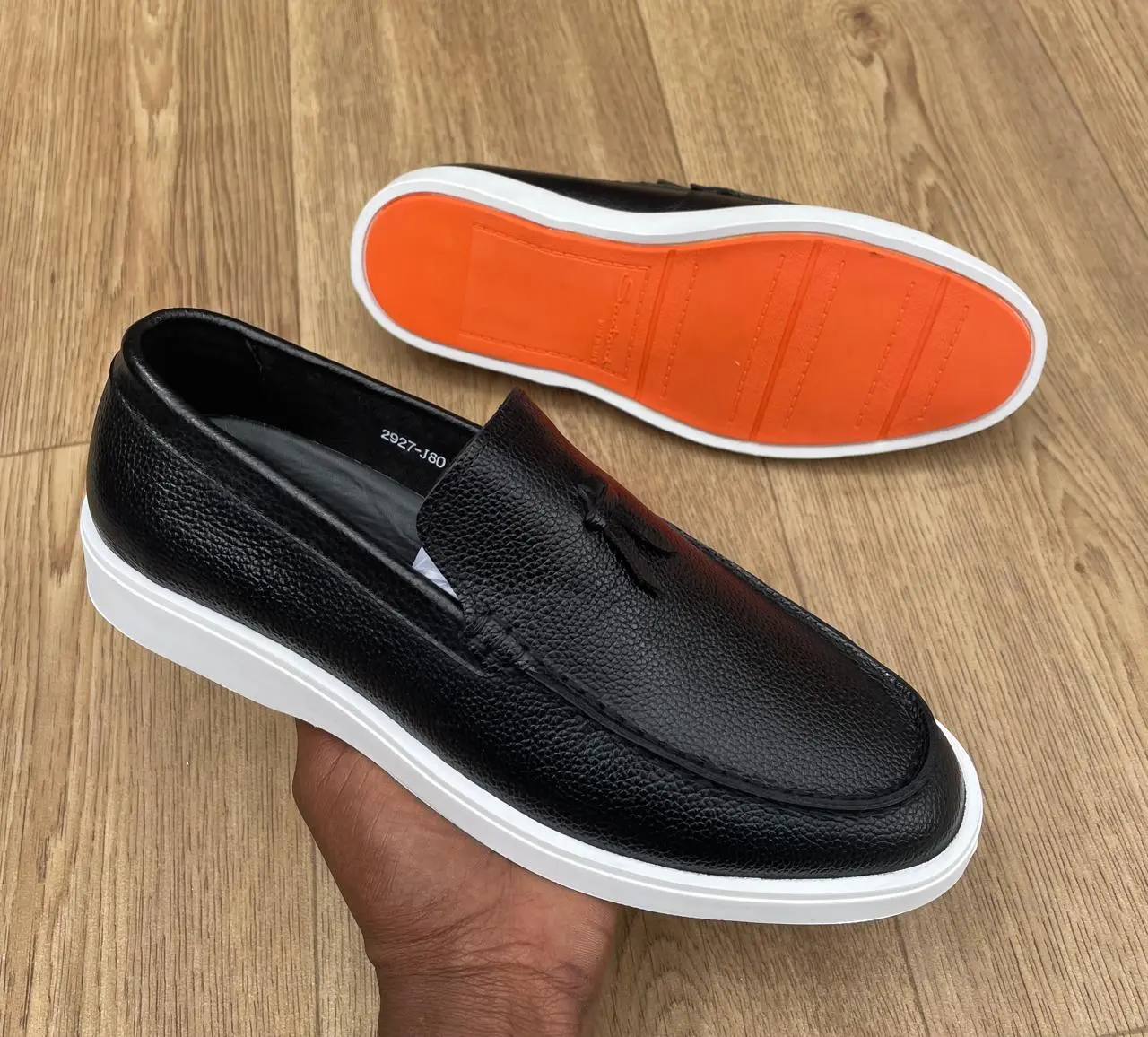 Santoni Casual Leather Loafers Black White Sole